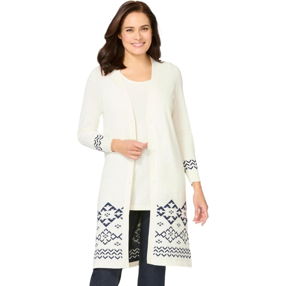 image:imageWoman Within Plus Size Perfect Cotton Duster SweaterIvory Aztec