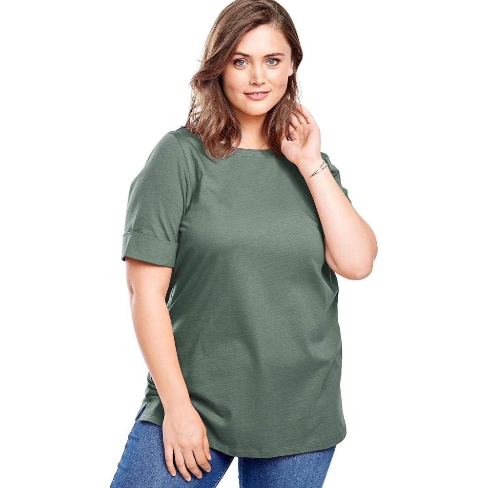 image:imageWoman Within Plus Size Perfect Cuffed ElbowSleeve BoatNeck TeePine