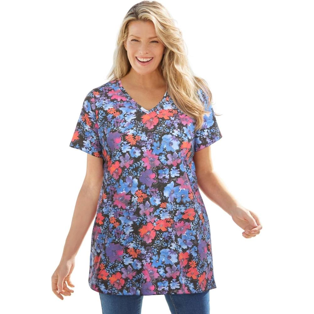 image:imageWoman Within Plus Size Perfect Printed ShortSleeve VNeck TunicBlack Multi Garden