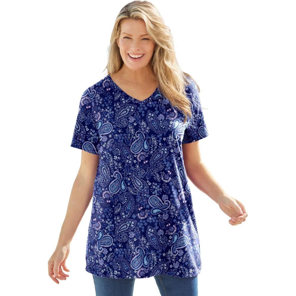image:imageWoman Within Plus Size Perfect Printed ShortSleeve VNeck TunicEvening Blue Paisley
