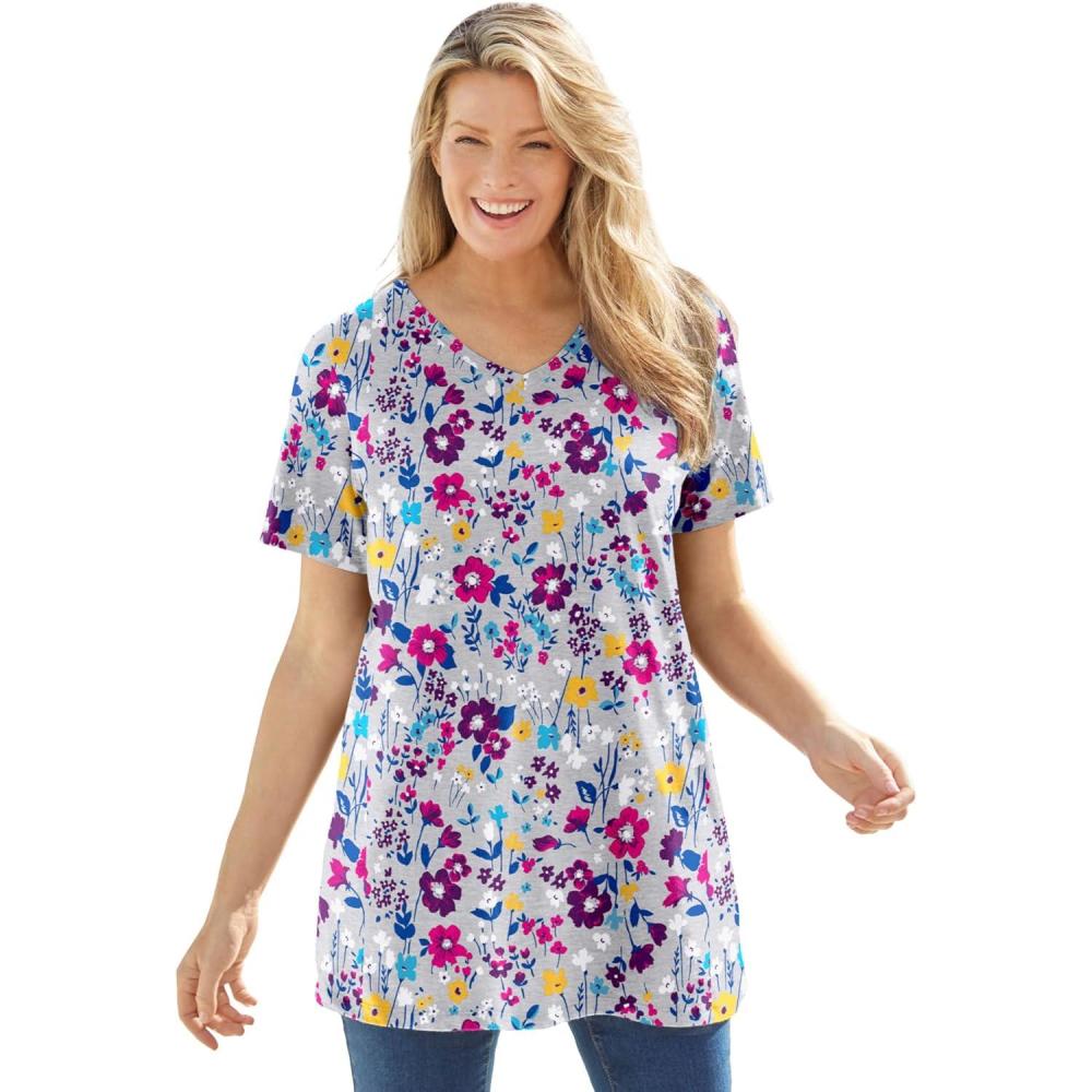 image:imageWoman Within Plus Size Perfect Printed ShortSleeve VNeck TunicHeather Grey Field Floral