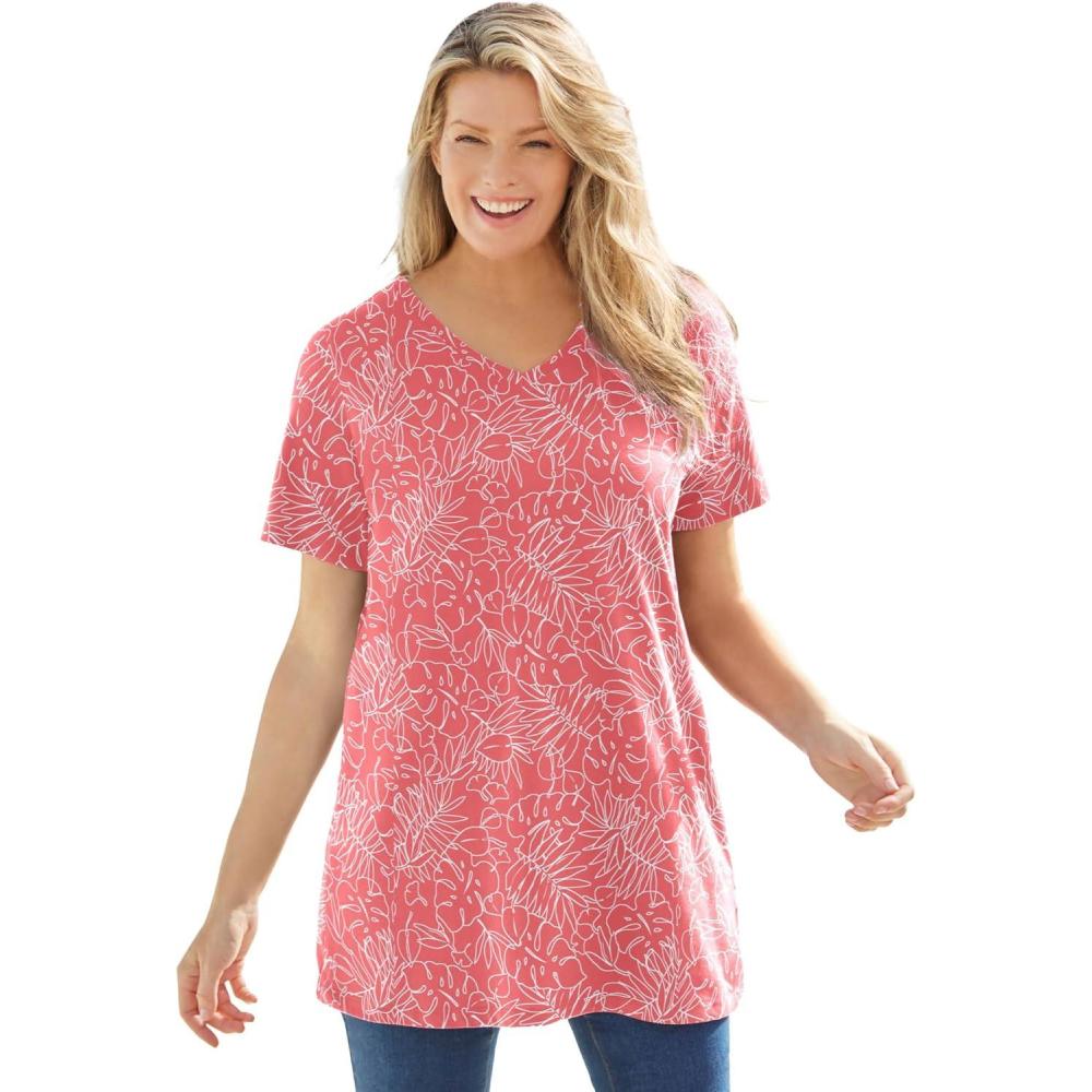 image:imageWoman Within Plus Size Perfect Printed ShortSleeve VNeck TunicSweet Coral Palm