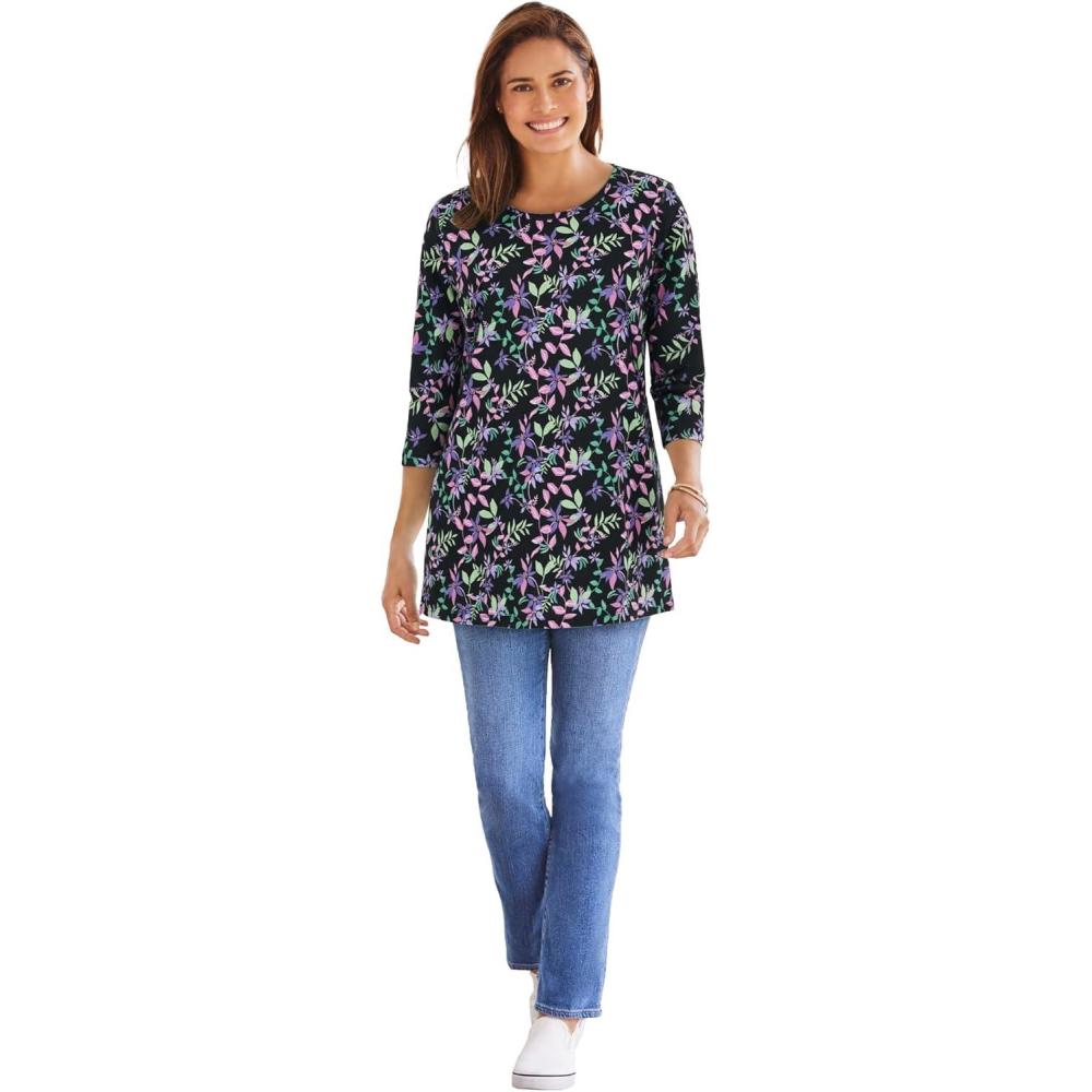 image:imageWoman Within Plus Size Perfect Printed ThreeQuarter Sleeve Crewneck TunicBlack Multi Floral