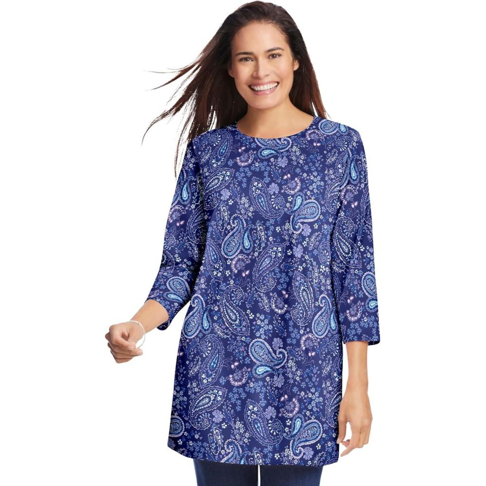 image:imageWoman Within Plus Size Perfect Printed ThreeQuarter Sleeve Crewneck TunicEvening Blue Paisley