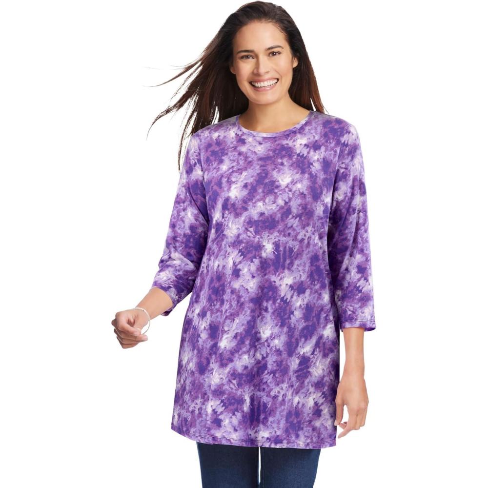 image:imageWoman Within Plus Size Perfect Printed ThreeQuarter Sleeve Crewneck TunicPetal Purple Tie Dye