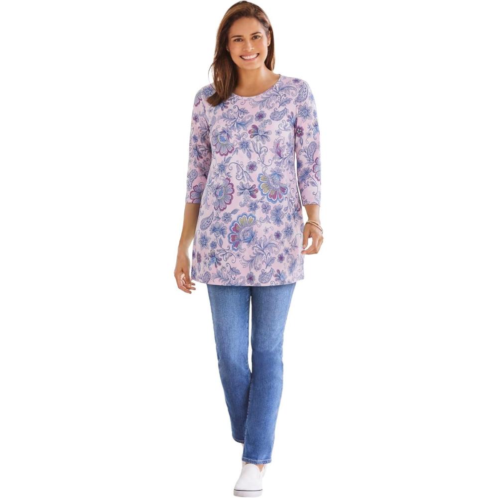 image:imageWoman Within Plus Size Perfect Printed ThreeQuarter Sleeve Crewneck TunicPink Tie Dye Batik