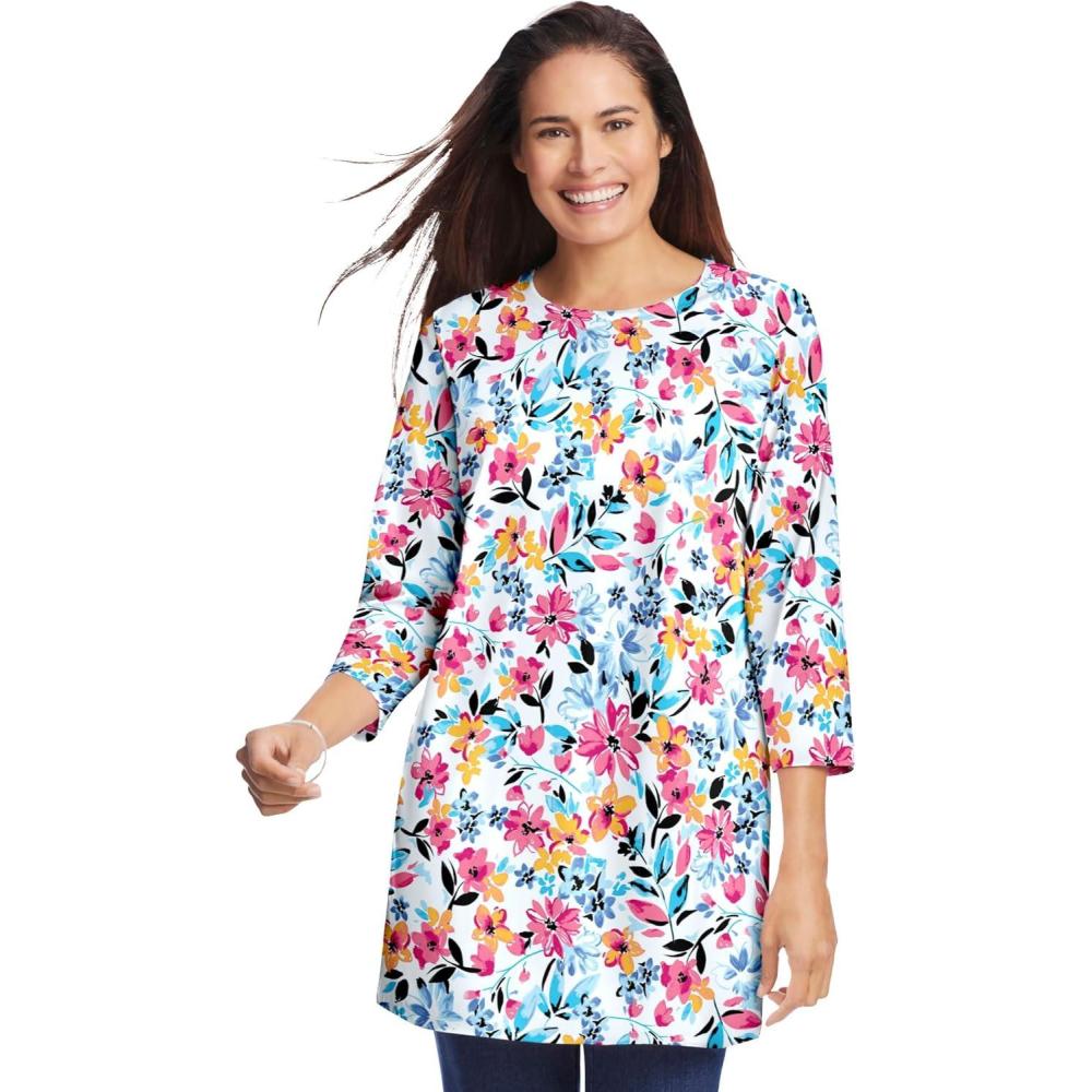 image:imageWoman Within Plus Size Perfect Printed ThreeQuarter Sleeve Crewneck TunicWhite Painterly Bloom