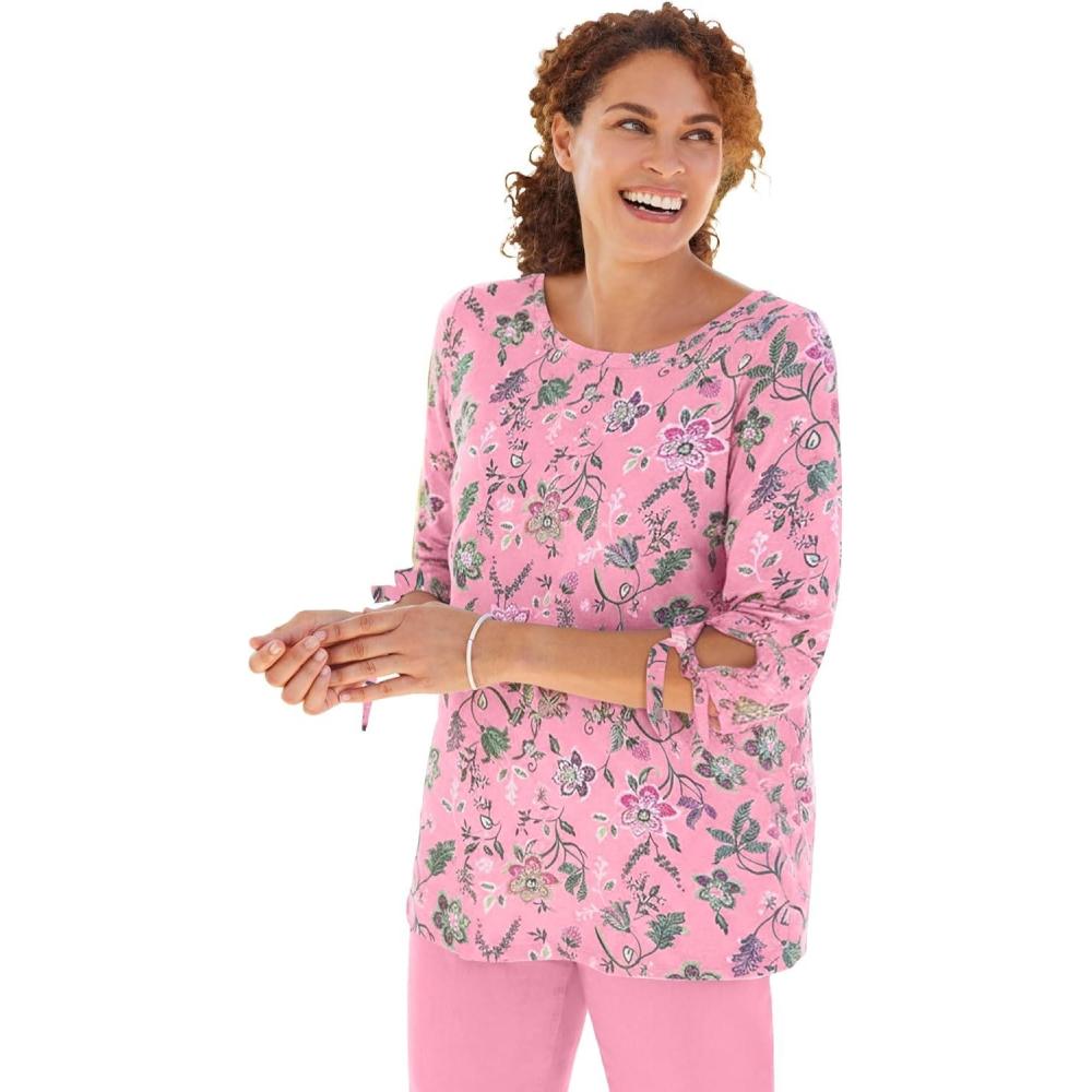 image:imageWoman Within Plus Size Perfect ThreeQuarter TieSleeve TeeDelicate Pink Jacquard Floral
