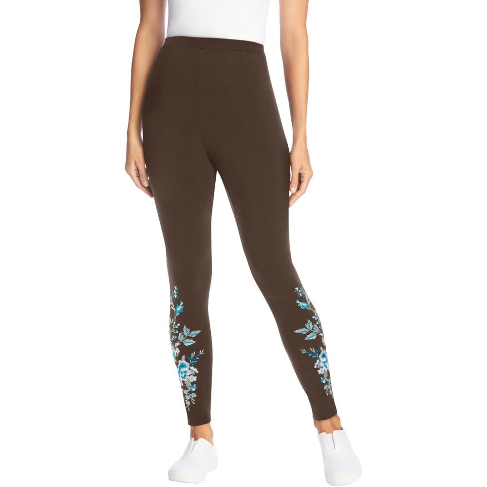 image:imageWoman Within Plus Size Petite StretchCotton Knit PullOn Embroidered LeggingsChocolate Floral Embroidery