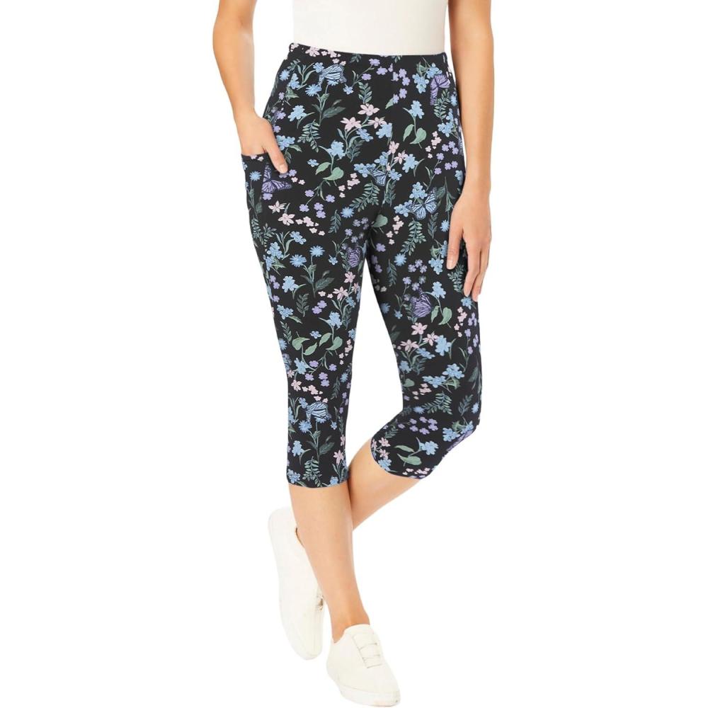 image:imageWoman Within Plus Size Petite StretchCotton Knit PullOn Printed Pocket Capri LeggingsBlack Blue Butterflies