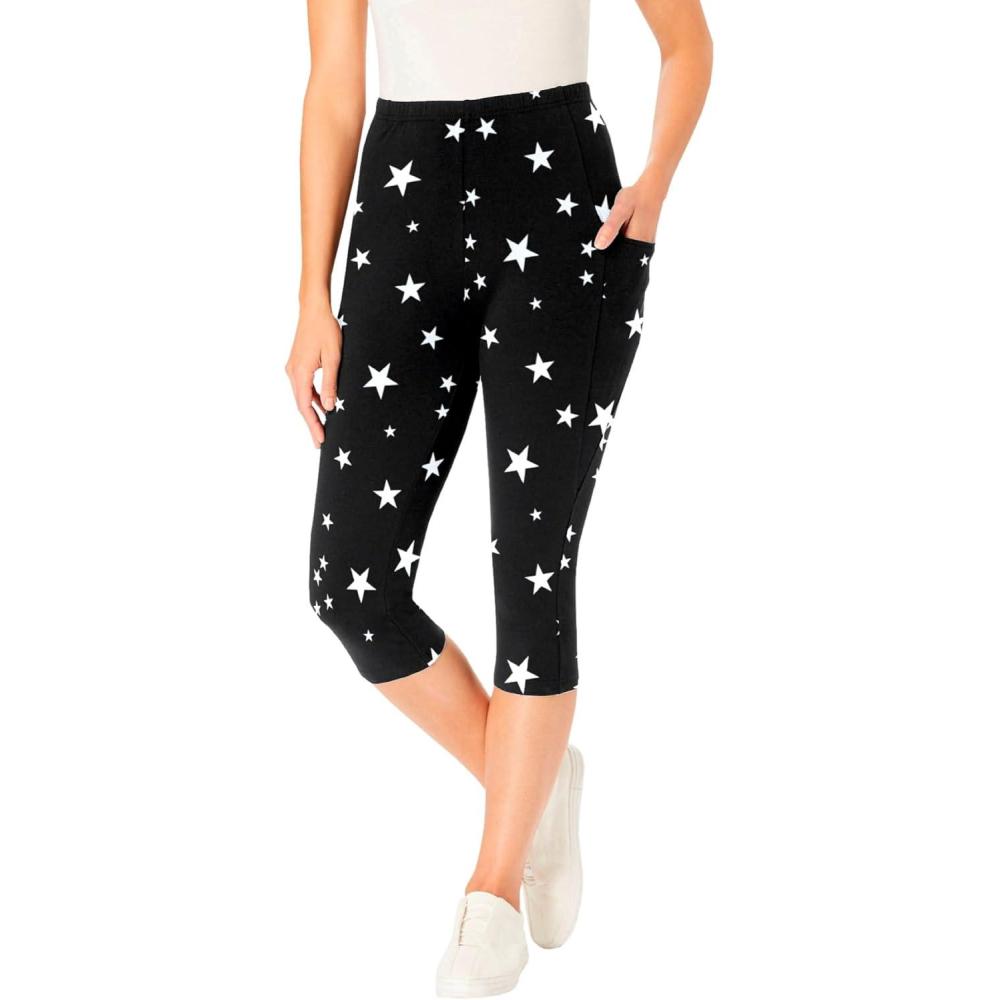 image:imageWoman Within Plus Size Petite StretchCotton Knit PullOn Printed Pocket Capri LeggingsBlack White Stars