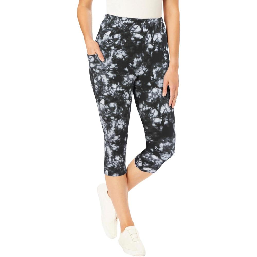 image:imageWoman Within Plus Size Petite StretchCotton Knit PullOn Printed Pocket Capri LeggingsBlack White Tie Dye