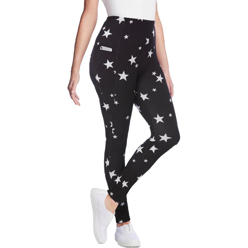 image:imageWoman Within Plus Size Petite StretchCotton Knit PullOn Printed Pocket LeggingsBlack White Stars