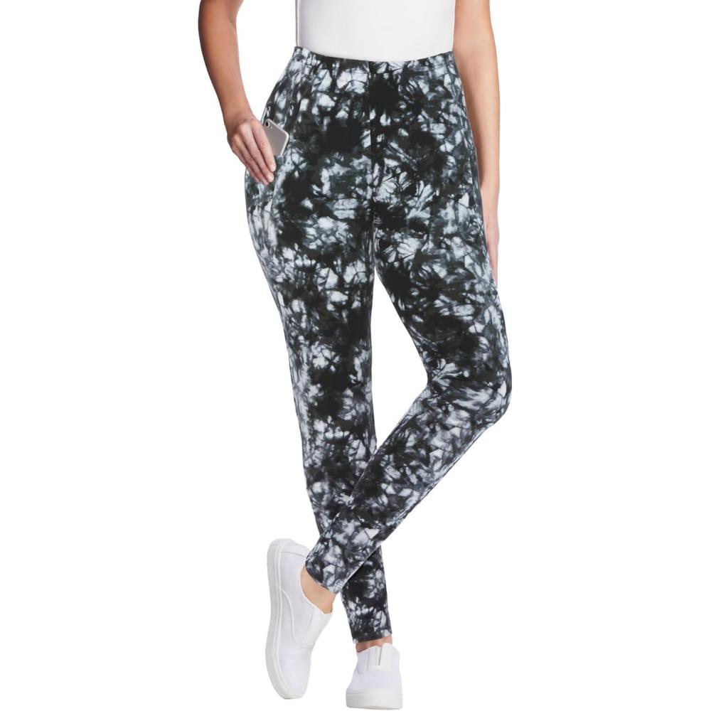 image:imageWoman Within Plus Size Petite StretchCotton Knit PullOn Printed Pocket LeggingsBlack White Tie Dye