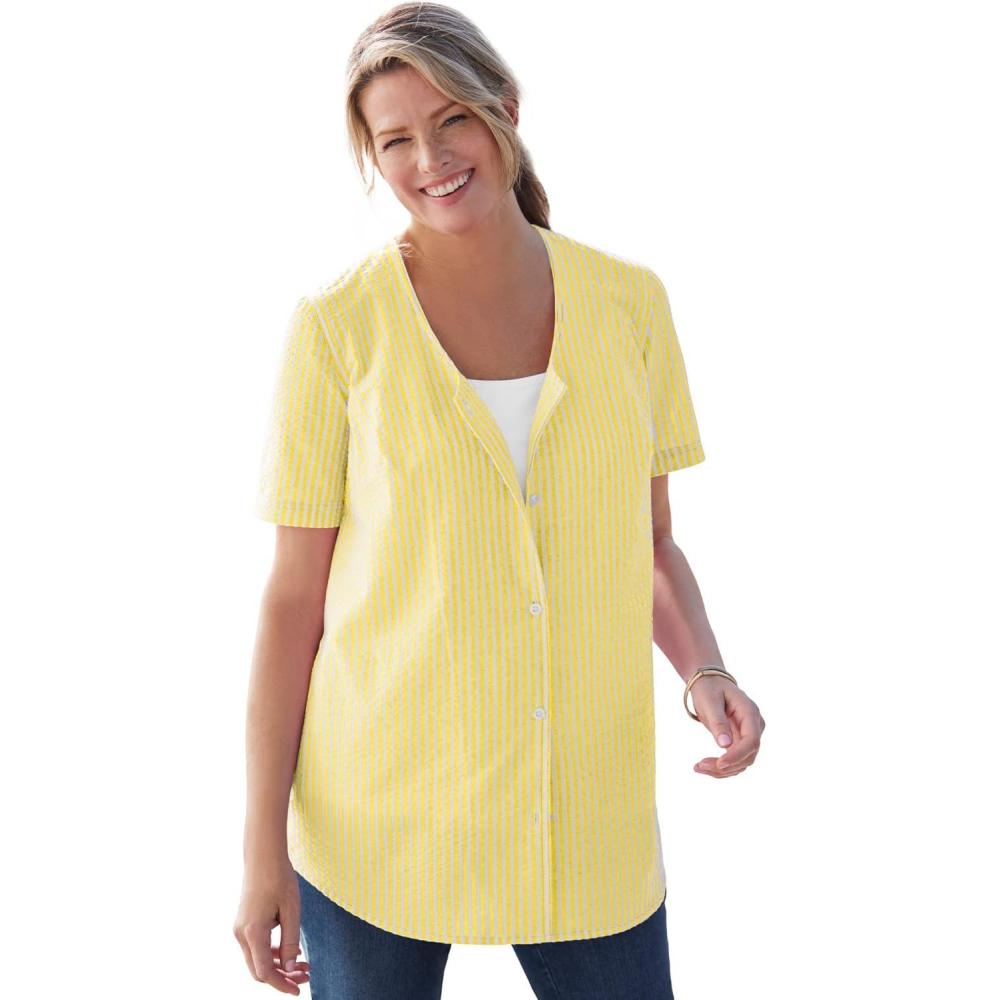 image:imageWoman Within Plus Size Seersucker Baseball ShirtPrimrose Yellow Pop Stripe