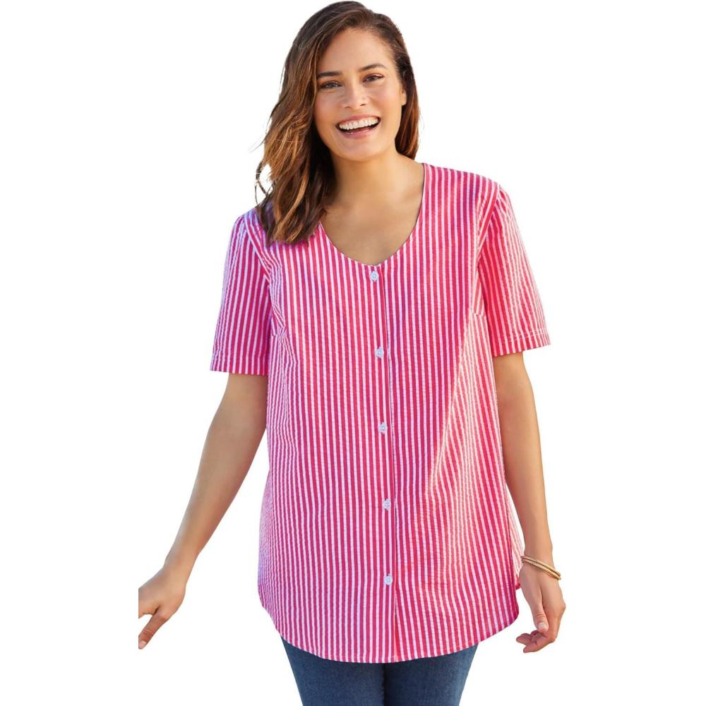 image:imageWoman Within Plus Size Seersucker Baseball ShirtRaspberry Sorbet Pop Stripe