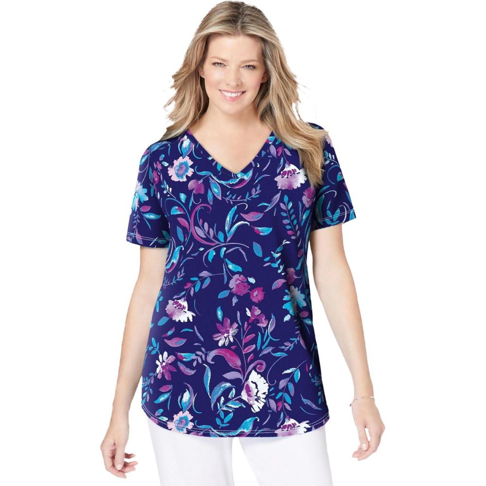 image:imageWoman Within Plus Size ShortSleeve VNeck Shirred TeeNavy Multi Florals