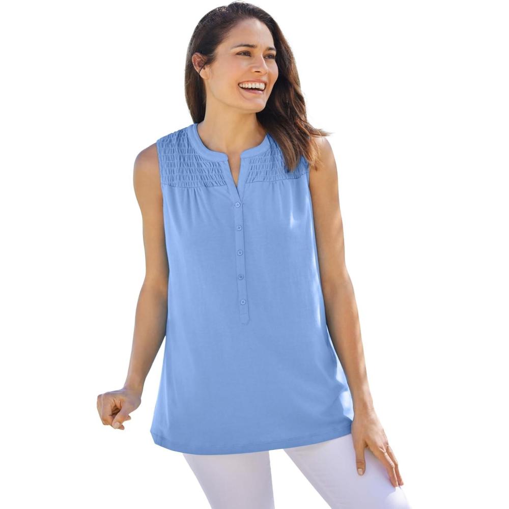 image:imageWoman Within Plus Size Smocked Henley Tank TopFrench Blue