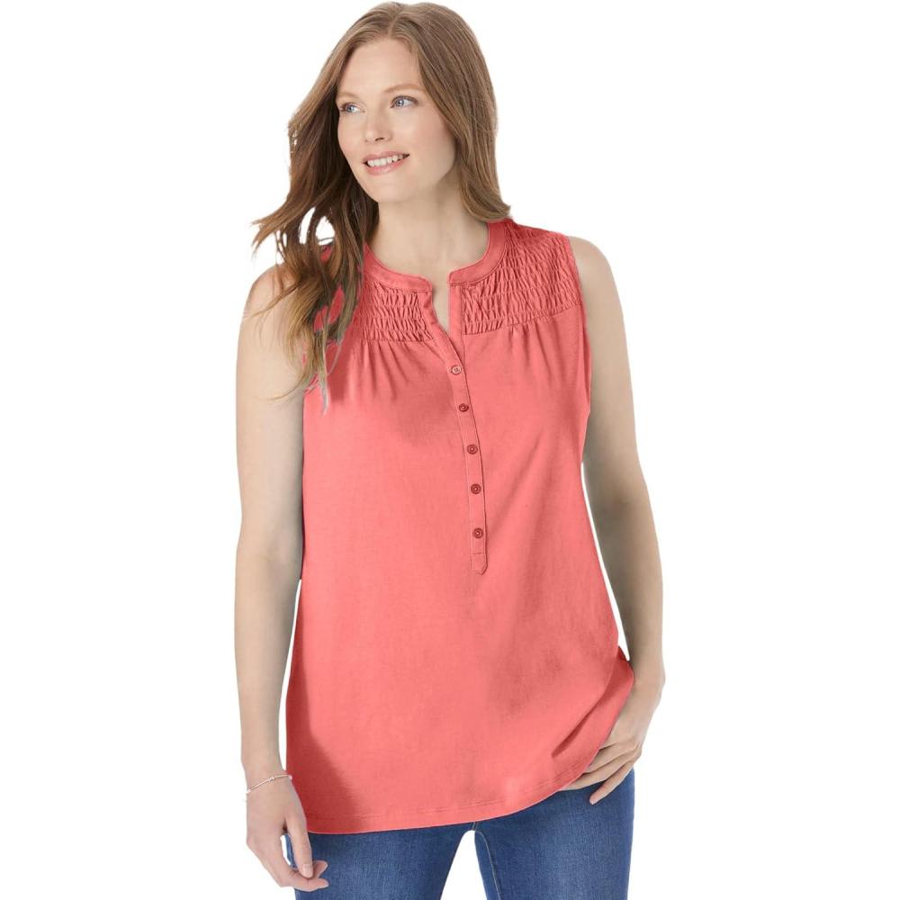 image:imageWoman Within Plus Size Smocked Henley Tank TopSweet Coral