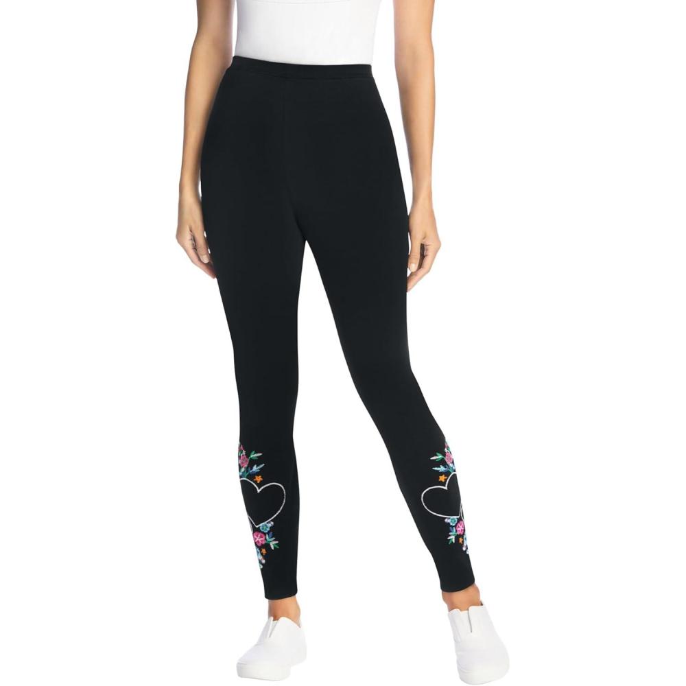 image:imageWoman Within Plus Size StretchCotton Knit PullOn Embroidered LeggingsBlack Heart Bloom