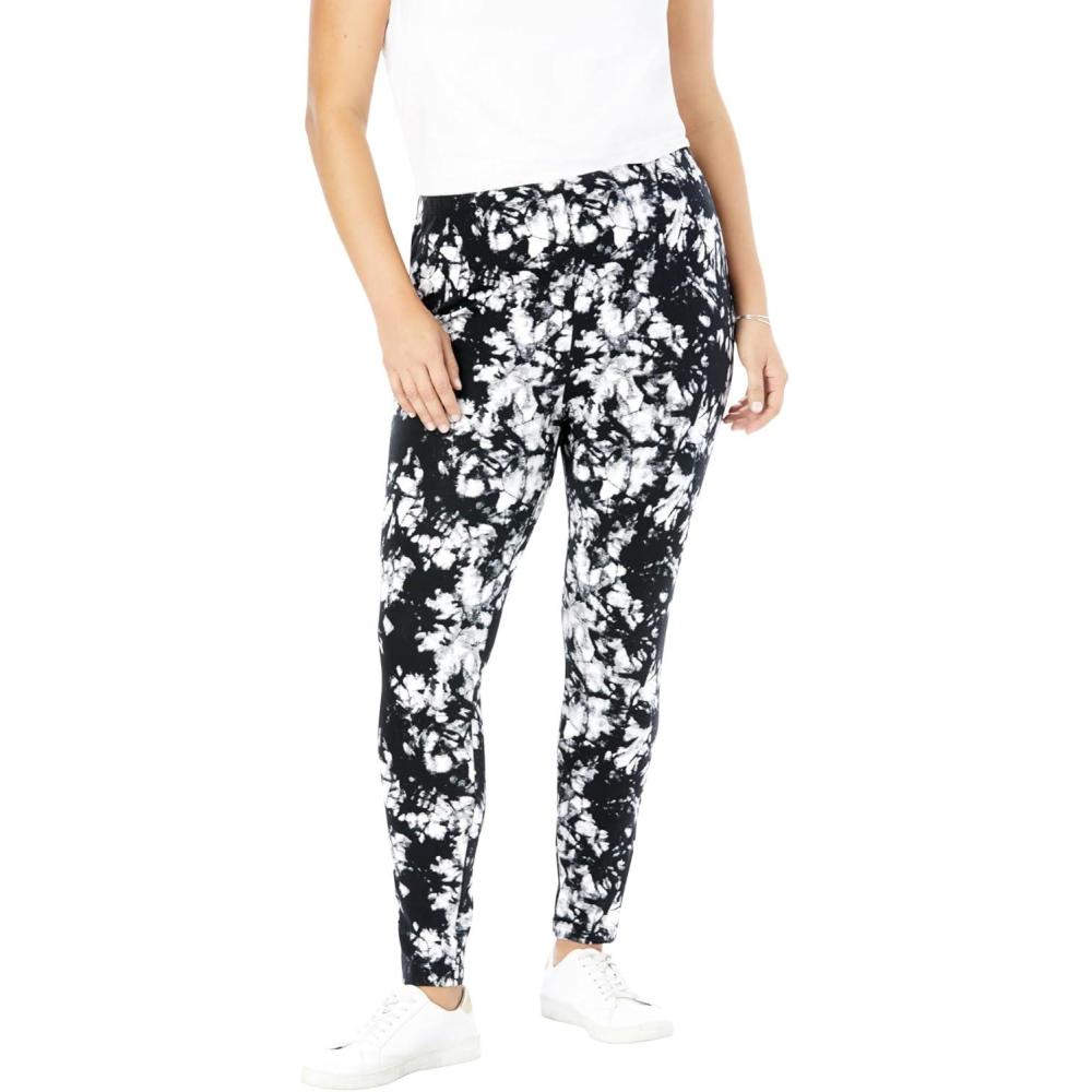 image:imageWoman Within Plus Size StretchCotton Knit PullOn Printed LeggingsBlack White Tie Dye