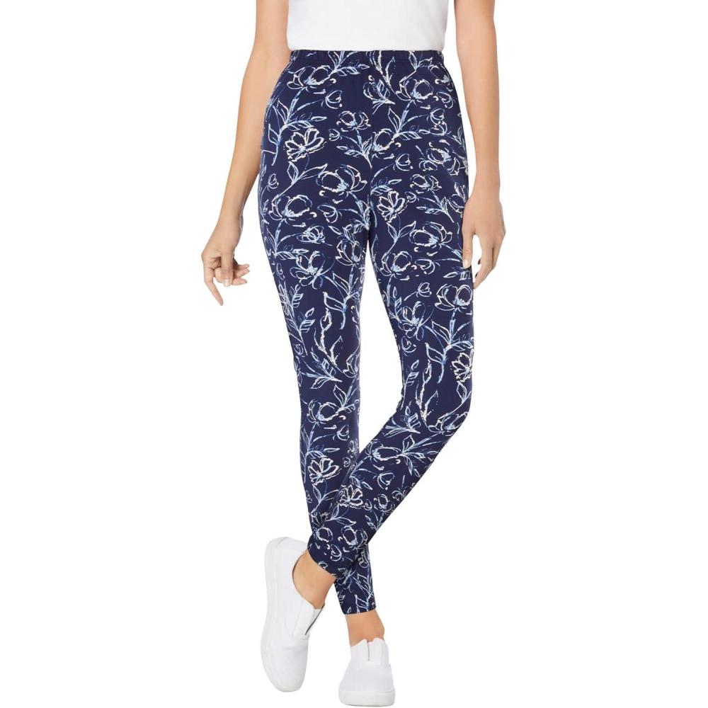 image:imageWoman Within Plus Size StretchCotton Knit PullOn Printed LeggingsNavy Batik Floral