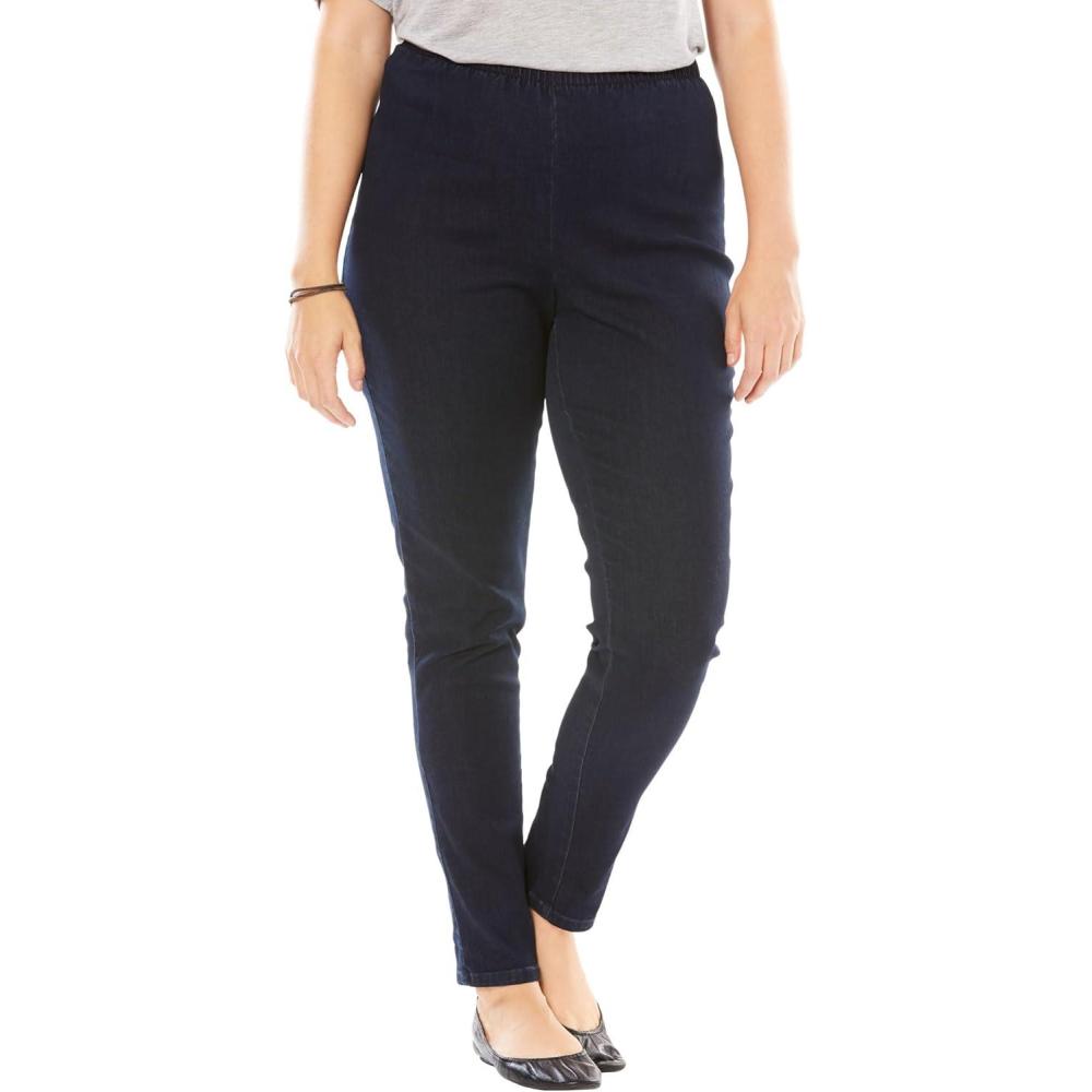 image:imageWoman Within Plus Size Tall PullOn ElasticWaist Stretch Fineline Denim JeansIndigo Sanded