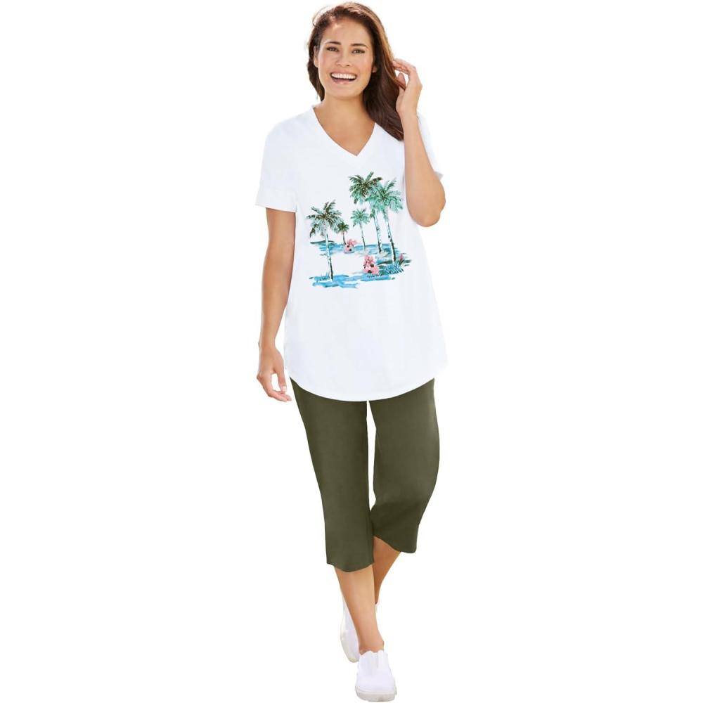 image:imageWoman Within Plus Size TwoPiece VNeck Tunic amp Capri SetDark Olive Green Palms