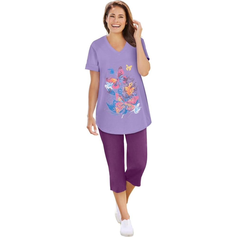 image:imageWoman Within Plus Size TwoPiece VNeck Tunic amp Capri SetLilac Pastel Butterflies