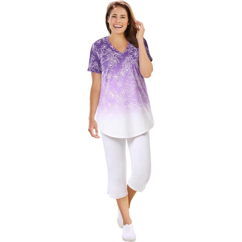 image:imageWoman Within Plus Size TwoPiece VNeck Tunic amp Capri SetRadiant Purple Ombre Flowers