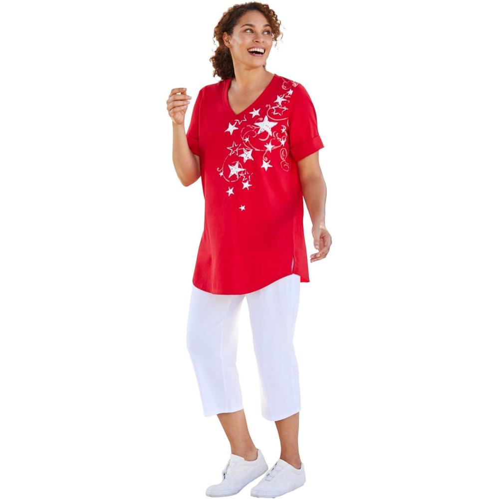 image:imageWoman Within Plus Size TwoPiece VNeck Tunic amp Capri SetVivid Red Stars