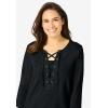 Woman Within Plus Size Lace-Up Three-Quarter Sleeve Tee(Black)
