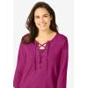 Woman Within Plus Size Lace-Up Three-Quarter Sleeve Tee(Raspberry)