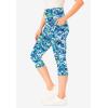 Woman Within Plus Size Petite Stretch-Cotton Knit Pull-On Printed Pocket Capri Leggings(Paradise Blue Abstract)