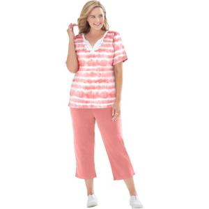 Woman Within Plus Size 2-Piece Tunic And Capri Set(Sweet Coral Stripe)