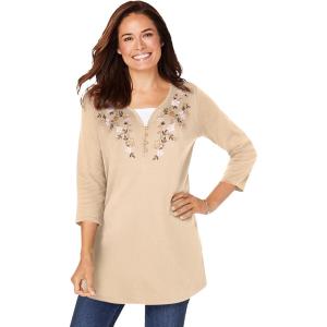 Woman Within Plus Size 7-Day Layered-Look Embroidered Henley Tunic(New Khaki Embroidery)