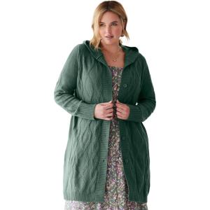 Woman Within Plus Size Cable Cardigan Hoodie Sweater(Pine)