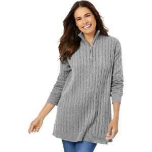 Woman Within Plus Size Cable Knit Half-Zip Pullover Sweater(Medium Heather Grey)