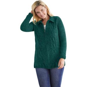 Woman Within Plus Size Chenille Zip Cable Cardigan Sweater(Emerald Green)