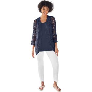 Woman Within Plus Size Curved Hem Pointelle Cardigan Sweater(Navy)