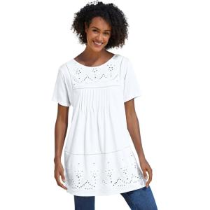 Woman Within Plus Size Embroidered Eyelet Pintucked Tunic(White)