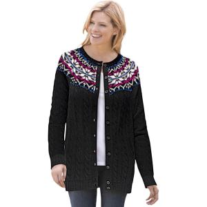 Woman Within Plus Size Fair Isle Cardigan Sweater(Black Fair Isle Stripe)
