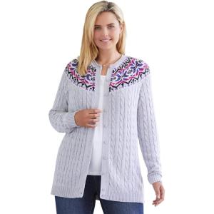 Woman Within Plus Size Fair Isle Cardigan Sweater(Heather Grey Fair Isle Stripe)
