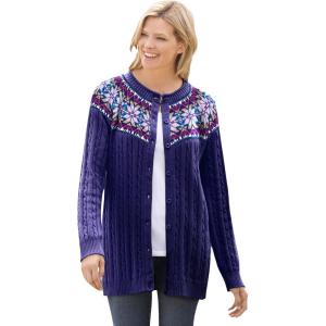Woman Within Plus Size Fair Isle Cardigan Sweater(Navy Fair Isle Stripe)