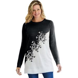 Woman Within Plus Size Holiday Snowflake Jacquard Sweater(Black Snowflake Embroidery)