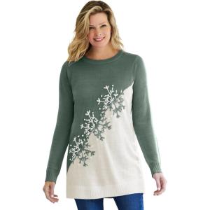 Woman Within Plus Size Holiday Snowflake Jacquard Sweater(Pine Snowflake Embroidery)