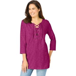 Woman Within Plus Size Lace-Up Three-Quarter Sleeve Tee(Raspberry)