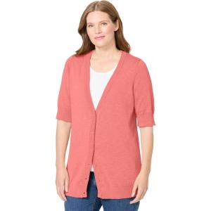 Woman Within Plus Size Lightweight Short Sleeve V-Neck Cardigan Sweater(Sweet Coral)