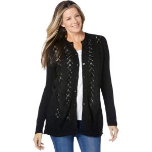 Woman Within Plus Size Long-Sleeve Pointelle Cardigan Sweater(Black)