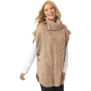 Woman Within Plus Size Marled Knit Cowl Neck Poncho Sweater(New Khaki Chocolate Marled)